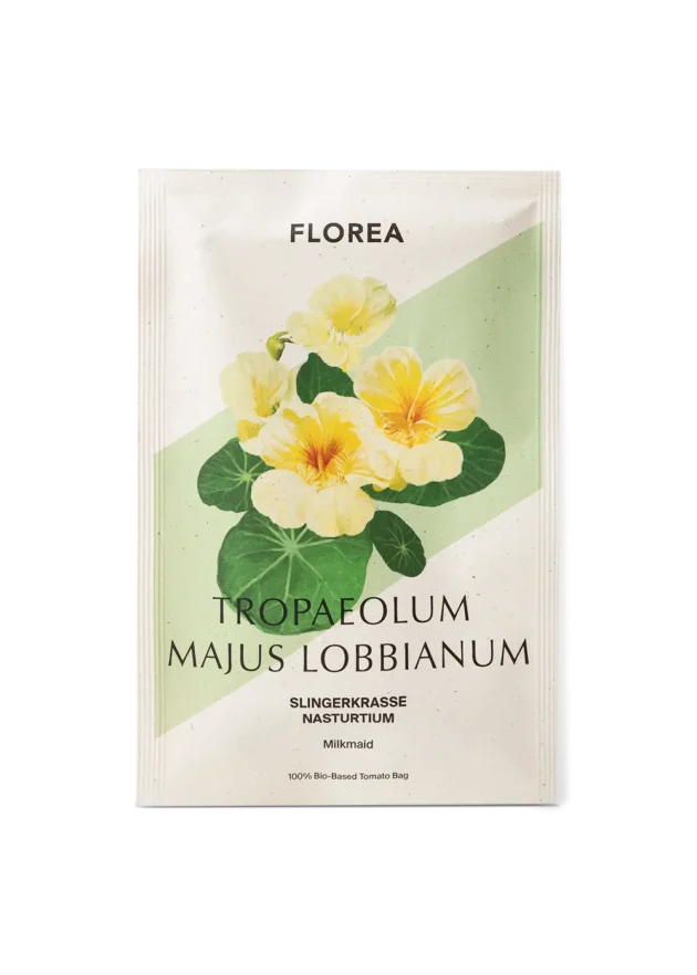 Opakowanie nasion nasturcji ‘Milkmaid’ (Tropaeolum majus Lobbianum) z żywymi żółtymi kwiatami nasturcji i bujnymi zielonymi liśćmi — najwyższej jakości odmiana Milkmaid, idealna do ogrodów domowych, pojemników i przyjaznych zapylaczom klombów. Ekskluzywna oferta w internetowym sklepie ogrodniczym.