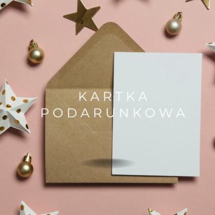 Karta podarunkowa Gardening Boutique z brązową kopertą - polska "KARTKA PODARUNKOWA" na różowym tle ze złotymi gwiazdkami i ozdobami