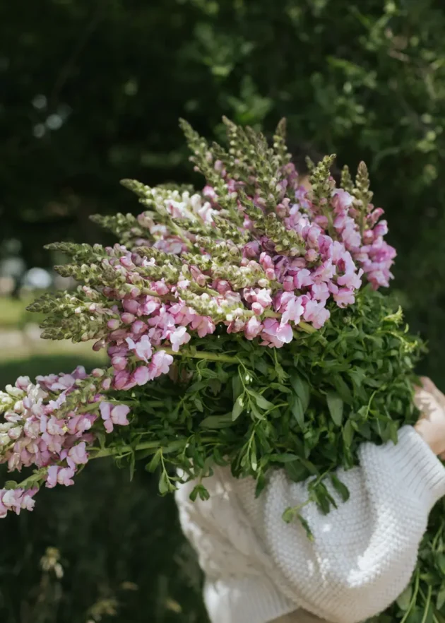 Odkryj piękno świeżych różowych i białych lwich paszczy 'Potomac Lavender' trzymanych przez ogrodnika w eleganckim białym swetrze. Ten oszałamiający bukiet otoczony jest bujną zielenią, idealną do ogrodu lub przestrzeni na zewnątrz. Odkryj nasz internetowy butik ogrodniczy, aby znaleźć żywe kompozycje kwiatowe i inspirację ogrodniczą w malowniczym, naturalnym otoczeniu.