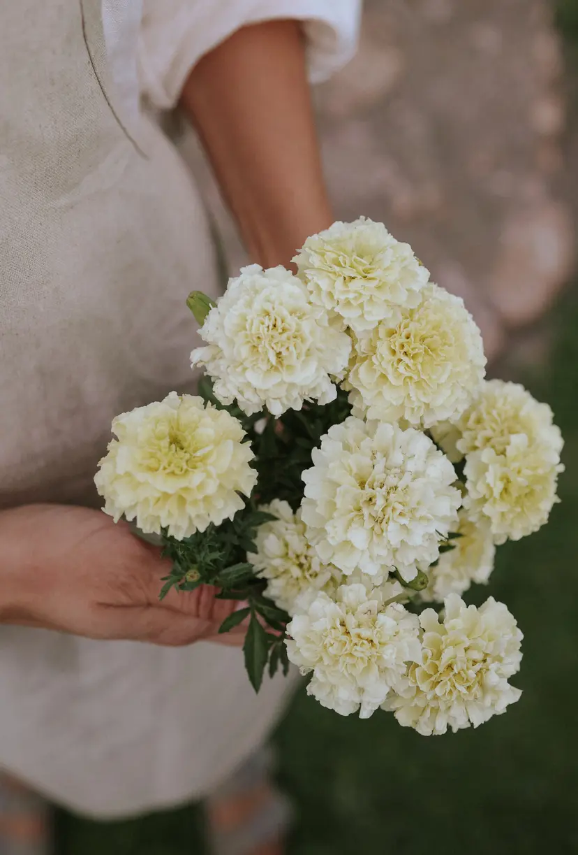 Odkryj nasz wykwintny, bladożółty bukiet nagietków, idealny dla każdego miłośnika ogrodnictwa. Uchwycony w naturalnym świetle, ten oszałamiający układ zawiera żywe kwiaty nagietków z bujnymi zielonymi liśćmi, idealne do Twojego ogrodu lub wystroju domu. Osoba prezentująca bukiet jest ubrana w stylowy beżowy fartuch i elegancką białą koszulę, stojąc na bujnym zielonym trawniku. Przeglądaj nasz internetowy butik ogrodniczy, aby uzyskać więcej pięknych kompozycji kwiatowych i niezbędnych artykułów ogrodniczych.