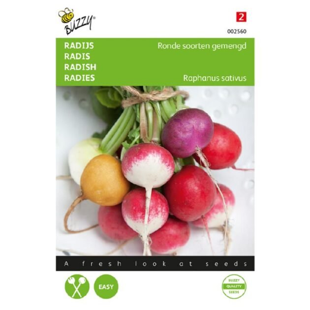 Opakowanie nasion rzodkiewki Color Mix ze sklepu Online Gardening Boutique – zawiera żywe rzodkiewki w różnych kolorach, wielojęzyczne etykiety, ikony „Łatwa uprawa” i „Nasiona najwyższej jakości”, logo z pszczołą, zielony nagłówek – idealne dla ogrodników poszukujących wysokiej jakości nasion rzodkiewki.