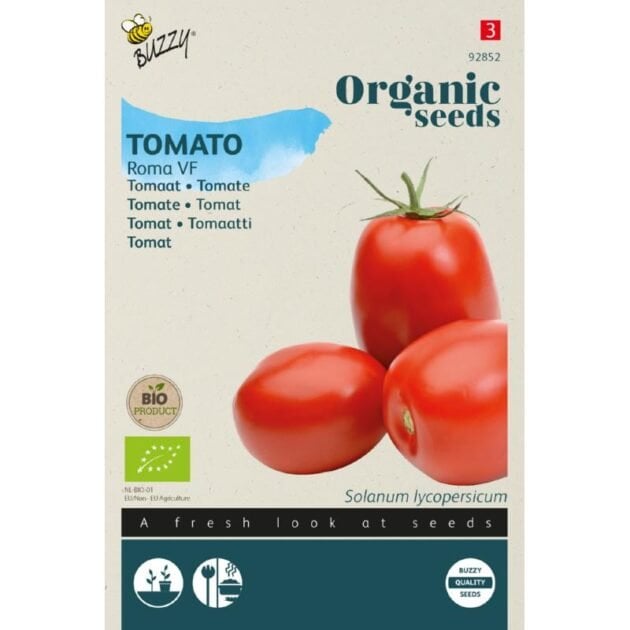 pakiet nasion organicznych pomidorów „Pomidor 'Roma' VF BIO” firmy Buzzy. Odkryj najwyższej jakości, odporne na choroby pomidory Roma VF idealne do zrównoważonego ogrodnictwa. Ten beżowy pakiet zawiera wielojęzyczne nazwy pomidorów, a także widoczne symbole produktów bio i certyfikatów ekologicznych, gwarantujące nasiona najwyższej jakości do Twojego ogrodu. Idealne dla ekologicznych ogrodników poszukujących wysokiej jakości, organicznych nasion warzyw!.