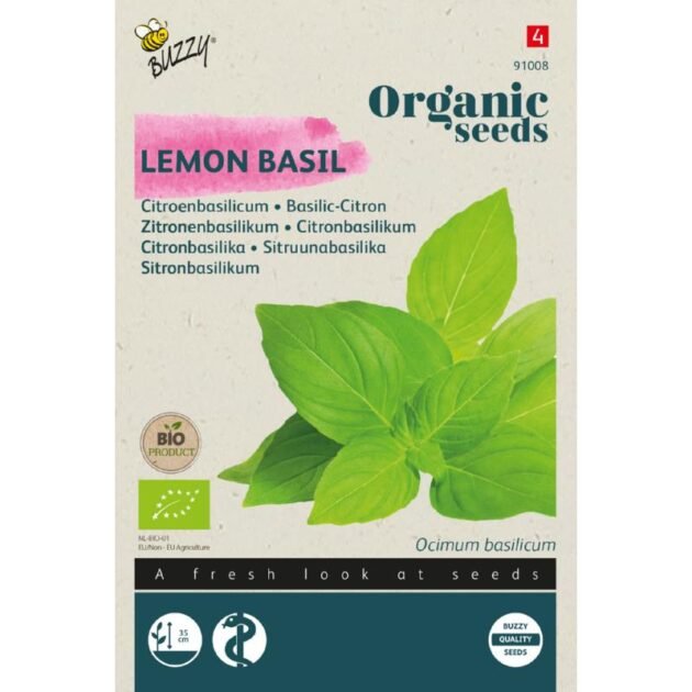 Kup organiczne nasiona bazylii cytrynowej (Bazylia cytrynowa ECO) w naszym internetowym sklepie ogrodniczym. Ta paczka nasion zawiera żywą zieloną ilustrację liści bazylii cytrynowej, wielojęzyczne instrukcje sadzenia i ekologiczne ikony certyfikacji dla zrównoważonego ogrodnictwa. Grafika pszczoły i „LEMON BASIL” w odważnym różowym kolorze wyróżniają te wysokiej jakości nasiona ziół bez GMO, idealne dla ogrodników domowych.