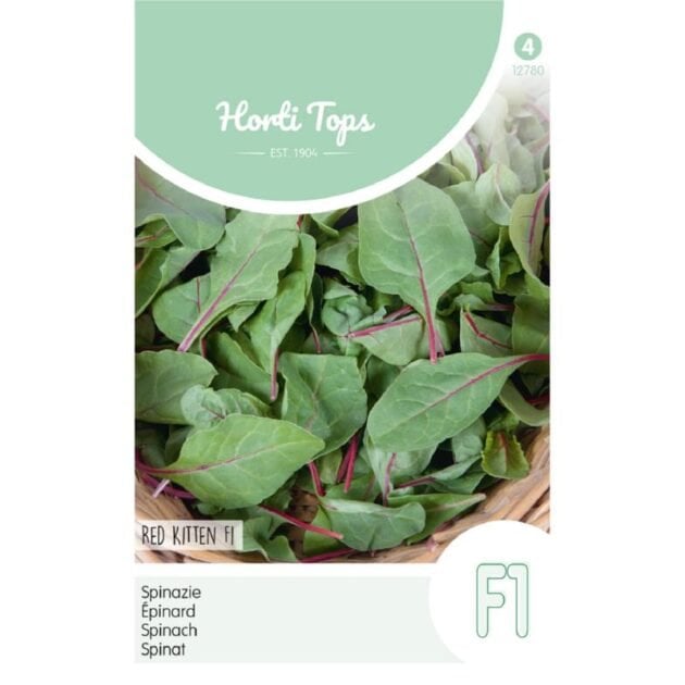 Zbliżenie na Horti Tops „Szpinak 'Red Kitten' F1 Spinach” Seed Packet – Premium Spinach Seeds Online Shopping. Zawiera żywe świeże liście szpinaku z czerwonymi łodygami i wielojęzyczny tekst: Spinazie, Épinard, Spinach, Spinat. Idealne do Twoich potrzeb w ogrodnictwie domowym z naszego butiku.