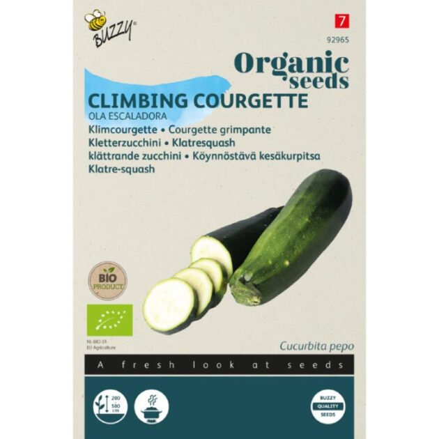 Opakowanie nasion cukinii pnącej z certyfikatem ECO Organic Cukinia ‘Ola Escaladora’ do przydomowych ogródków, pokazane z żywym zdjęciem całej i pokrojonej zielonej cukinii. Opakowanie zawiera wielojęzyczne instrukcje sadzenia i oficjalne logo certyfikatu ekologicznego — idealne dla ekologicznych ogrodów warzywnych i miłośników zrównoważonych ogrodów miejskich.