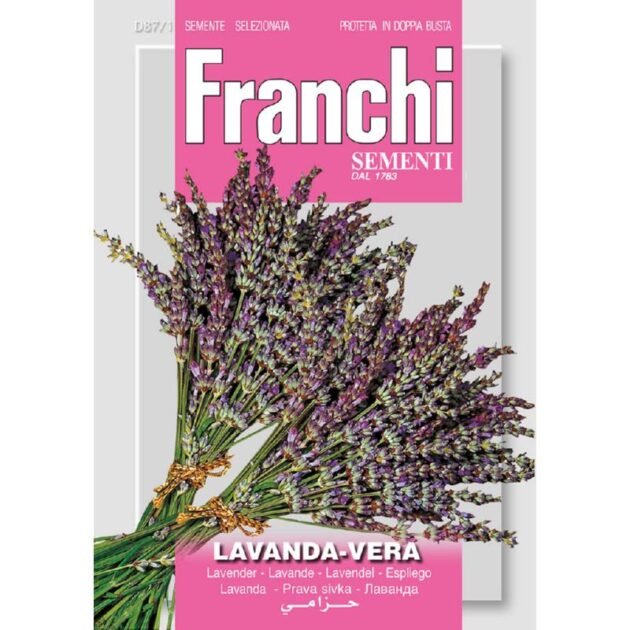 Opakowanie nasion lawendy wąskolistnej (Lavanda Vera) z ekskluzywnego internetowego butiku ogrodniczego, zawierające wiązkę żywych kwiatów lawendy na atrakcyjnym różowo-białym opakowaniu, z napisem „Lawenda wąskolista” i wielojęzycznymi nazwami — idealne do uprawy pachnącej lawendy w przydomowych ogrodach.