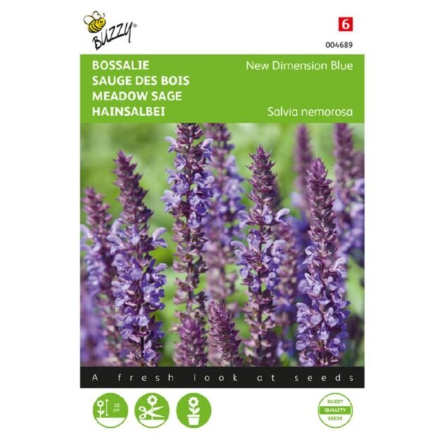 Opakowanie nasion Salvia nemorosa ‘New Dimension Blue’ firmy Buzzy Seeds, ze szczegółowym zbliżeniem żywych fioletowo-niebieskich kłosów kwiatów idealnych do ogrodowych rabat. Atrakcyjne opakowanie prezentuje uderzające kwiaty wieloletniej szałwii i zawiera nazwy roślin w kilku językach. Doskonały wybór do ogrodów przyjaznych zapylaczom od wiodącego internetowego butiku ogrodniczego.