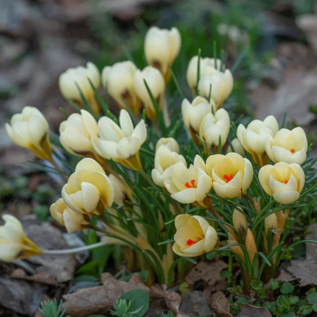 Crocus 'Cream Beauty' - Cebulki krokusa w kolorze jasnożółtym z pomarańczowymi środkami, idealne do kwitnienia wczesną wiosną. Idealne na obwódki ogrodowe i do naturalizacji na trawnikach wśród zielonej trawy i opadłych liści. Kup wysokiej jakości kwiaty krokusa w naszym internetowym butiku ogrodniczym.