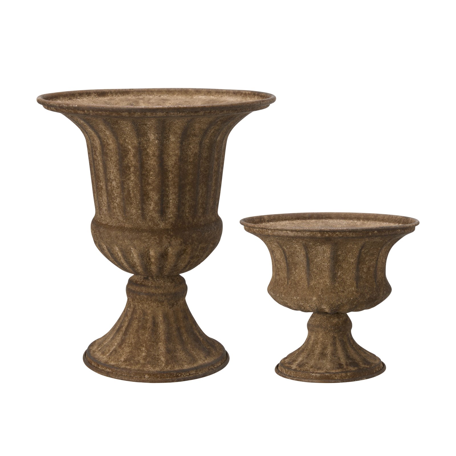 Zestaw dwóch brązowych donic urnowych Hilda L z szerokimi otworami, wąskimi podstawami i rustykalną, zwietrzałą teksturą - idealne do ogrodów lub patio.