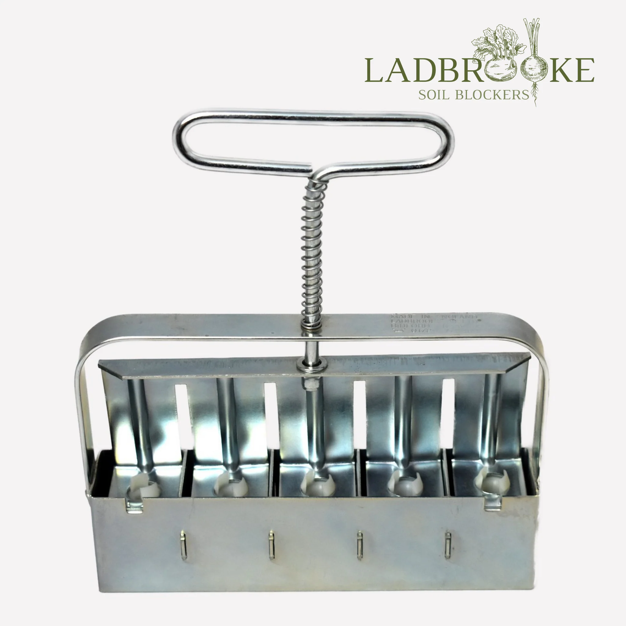 Ladbrooke Soil Blocker Mini 5 - wytrzymałe metalowe narzędzie z uchwytem sprężynowym, pięcioma przegrodami na bloki gleby; idealne do wysiewu nasion.