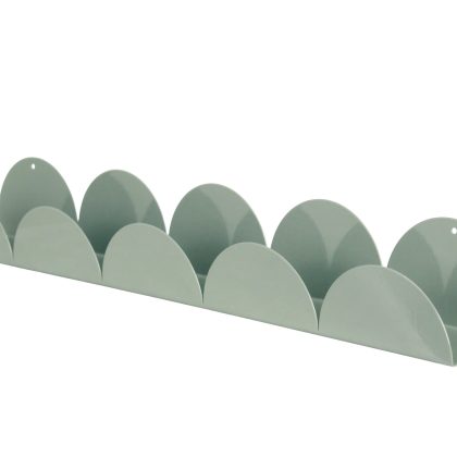 Szałwiowo zielony metalowy stojak na jajka do kuchni lub ogrodu, do montażu na ścianie z półokrągłymi przegrodami. Metalowy stojak na jajka.