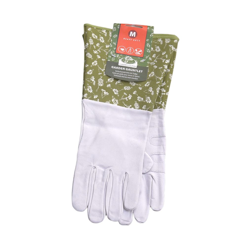 Białe rękawice ogrodnicze z zielonymi mankietami, kwiatowym nadrukiem i metką "Garden Gauntlet". Idealne dla kupujących w butiku z narzędziami ogrodniczymi.