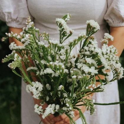 Kobieta w jasnej sukience trzymająca żywy bukiet Nasturcji 'Tip Top Pink Blush' z zielonymi łodygami, na zewnątrz wśród bujnych liści ogrodowych.