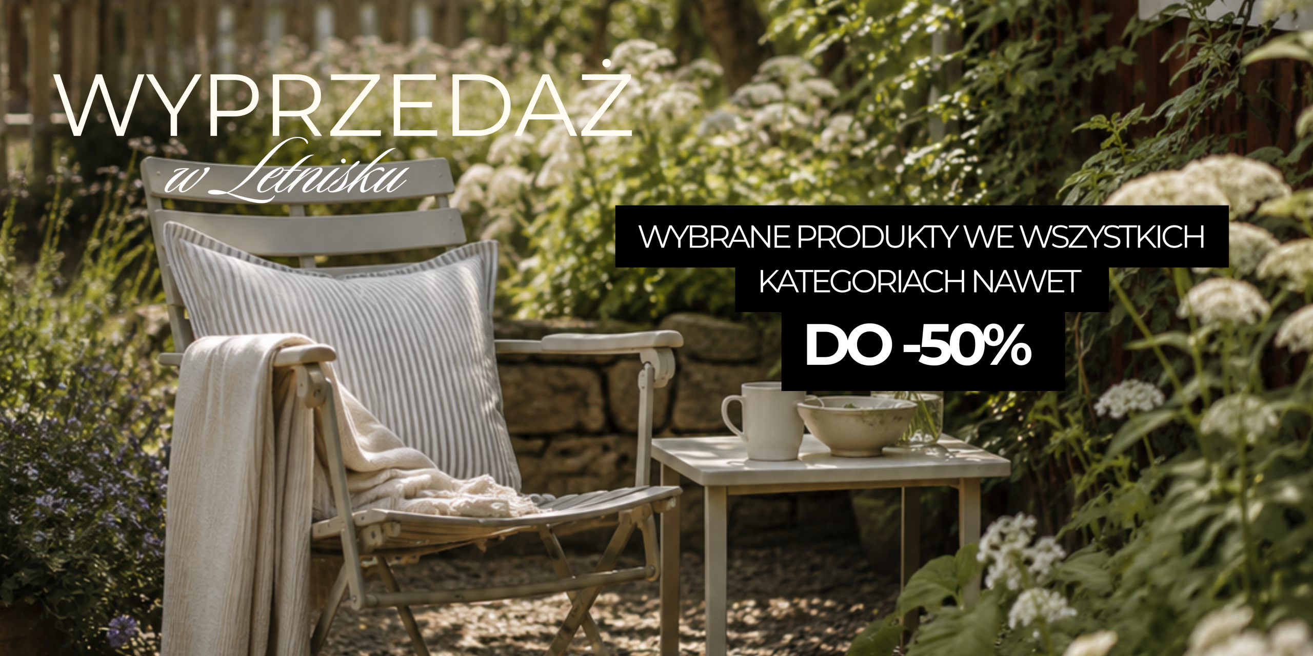 Urokliwa aranżacja ogrodowa, w której znajduje się wygodne krzesło z poduszką, stylowy stolik z filiżanką oraz bujna zieleń z kwitnącymi białymi kwiatami. Polski baner promocyjny informuje o rabatach do 50% na wybrane produkty ogrodnicze w sklepie internetowym.